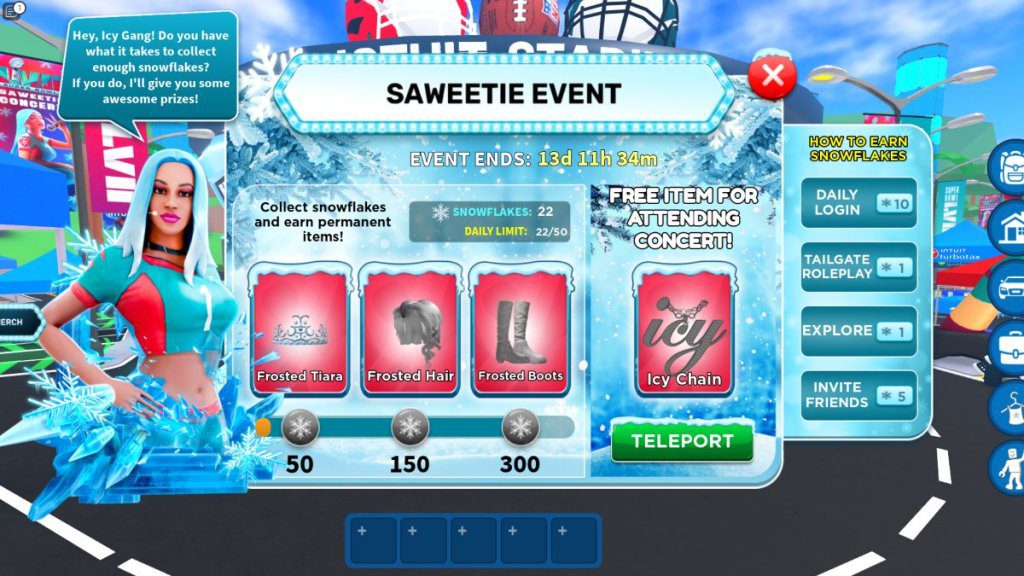 Tela de recompensas do evento Roblox Saweetie