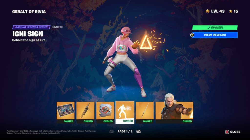 Tela de recompensa de emote de sinal de Igni do Fortnite Witcher