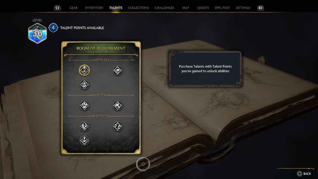 Os talentos da Sala Precisa valem a pena no Legado de Hogwarts? Árvore de talentos no menu.