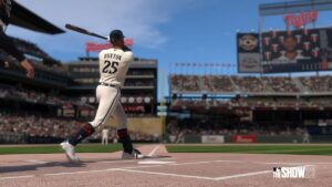 A playing swinging the bat in full motion in MLB The Show 23