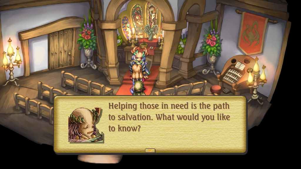 Uma criatura aterrorizante em uma igreja fala com o personagem do jogador em Legend of Mana