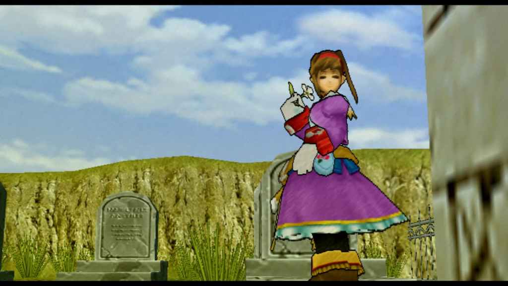 Uma jovem está em um cemitério segurando uma flor branca em Wild ARMs 3