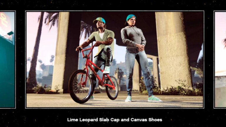A man and woman wearing the Lime Leopard Slab Cap and Canvas Shoes