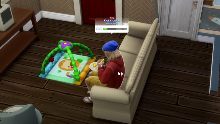 A blonde surfer-looking guy eating while sitting on a couch