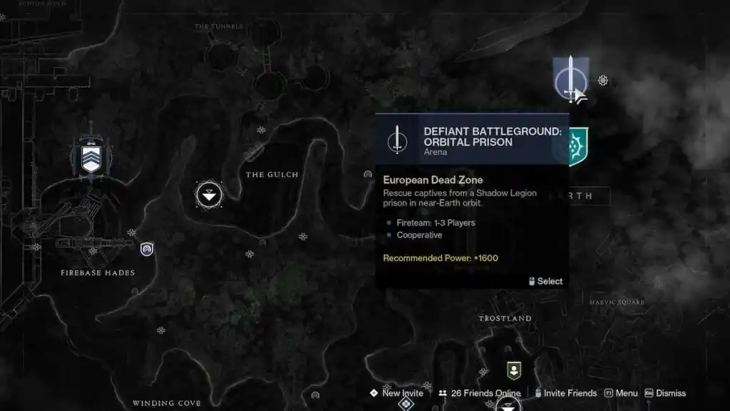 Como completar a missão Defiant Battleground Orbital Prison em Destiny 2 - localização no mapa.