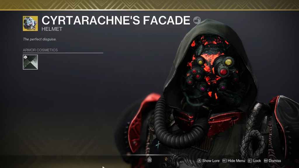 Como obter a fachada exótica de Cyrtarachne em Destiny 2 Lightfall - capacete no inventário. 