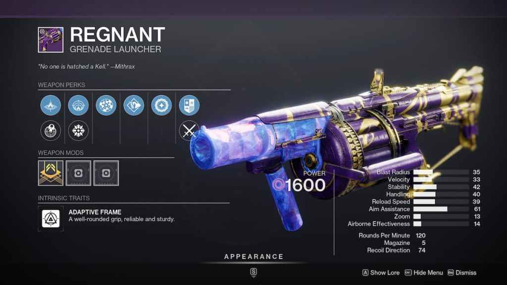 Destiny 2 Regnant God Roll For PvE e PvP - Arma no inventário.