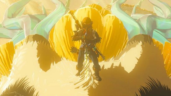 Zelda: Tears of the Kingdom espada mestre: Link puxa a espada mestre para fora do dragão de luz