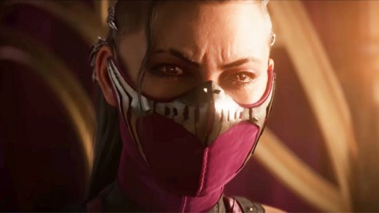 Personagens de Mortal Kombat 1: Mileena sentada em uma carruagem olhando atentamente para a frente