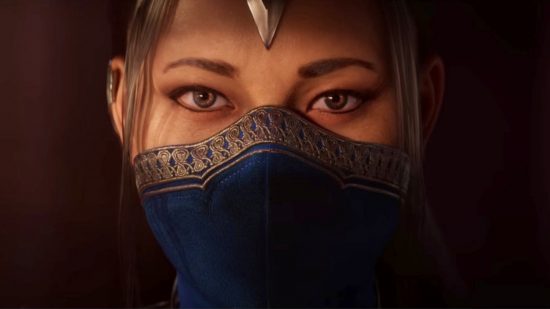 Personagens de Mortal Kombat 1: um close do rosto de Kitana com sua máscara azul característica