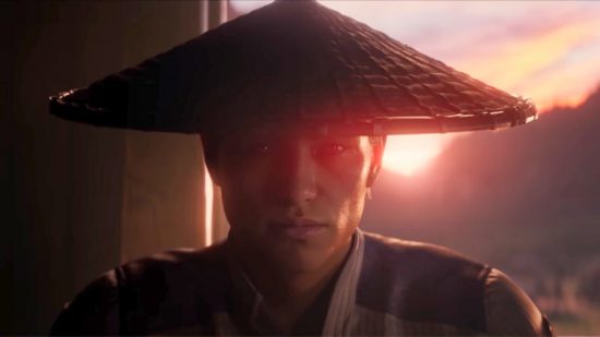 Personagens de Mortal Kombat 1: Raiden sentado em frente ao sol nascente