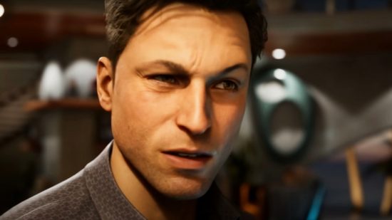 Personagens de Mortal Kombat 1 Johnny Cagee dando uma olhada curiosa com uma sobrancelha levantada