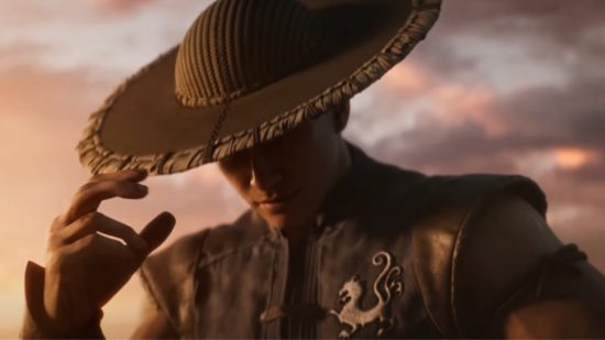 Personagens de Mortal Kombat 1: Kung Lao inclinando o chapéu para a frente