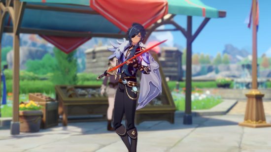 Genshin Impacto Kaeya Genshin Impact Kaeya segurando uma espada vermelha e preta