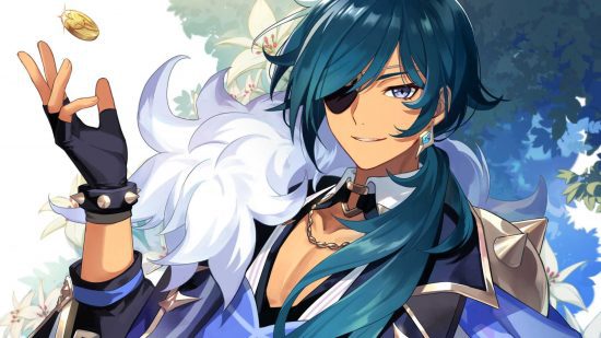 Genshin Impacto Kaeya Genshin Impact Kaeya: arte mostrando os longos cabelos e luvas de Kaeya