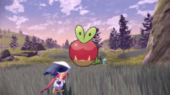 pequeno Pokémon Applin em um campo sendo pego por um treinador