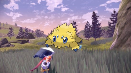 pequeno Pokémon Joktik em um campo sendo pego por um treinador