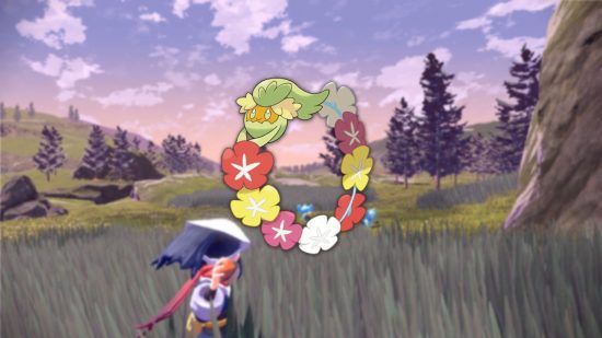 pequeno Pokémon Comfey em um campo sendo pego por um treinador