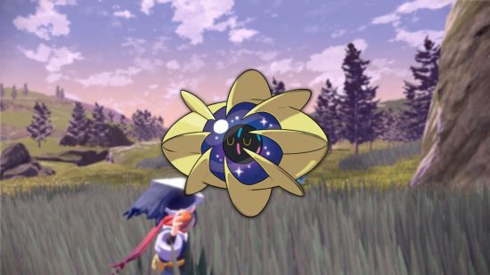 pequeno Pokémon Cosmoem em um campo sendo pego por um treinador