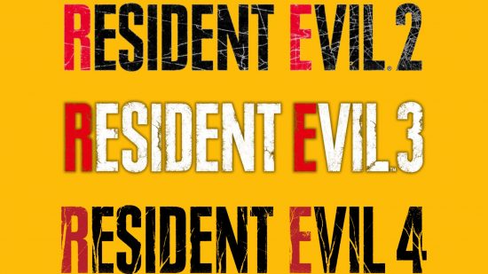 logotipo do residente evil (6) O logotipo de Resident Evil, três vezes, com 2, 3 e 4 ao lado de comer em cada um, respectivamente. Está tudo em um fundo amarelo manga.