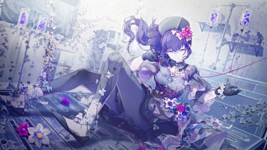 Eventos do Projeto Sekai: cartão gacha de Mafuyu com ela vestindo a fantasia de Enfermeira da Confusão em uma sala esparsa