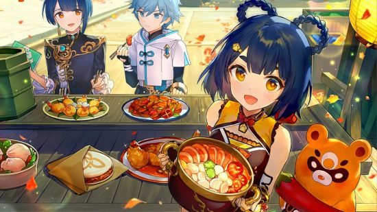 genshin-impacto-xiangling-4 Genshin Impact Xiangling servindo comida com Chongyun e Xingqiu comendo ao fundo