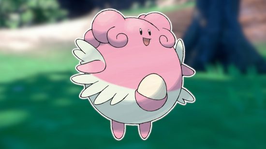 Big Pokemon: Blissey delineado em branco e colado em um fundo desfocado da captura de tela do Pokemon