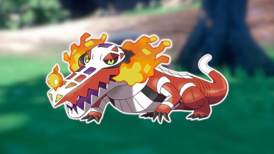 Big Pokemon: Skeledirge delineado em branco e colado em um fundo desfocado da captura de tela do Pokemon