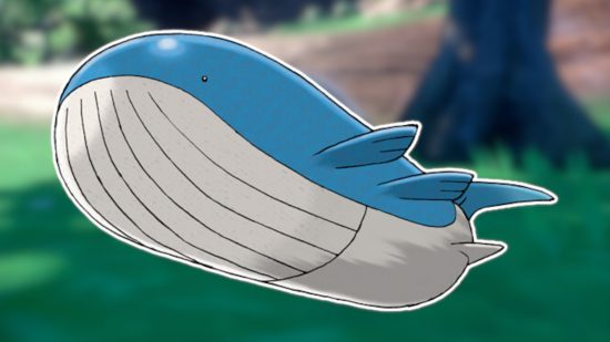 Big Pokemon: Wailord contornado em branco e colado em um fundo desfocado da captura de tela do Pokémon