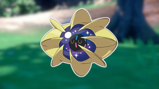 Big Pokemon: Cosmoem delineado em branco e colado em um fundo desfocado da captura de tela do Pokemon