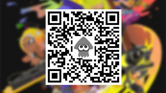 splatoon-3-qr-codes Um código QR do Splatoon 3 com uma criatura marinha de desenho animado no meio, na frente de um fundo amarelo, vermelho e rosa desfocado.