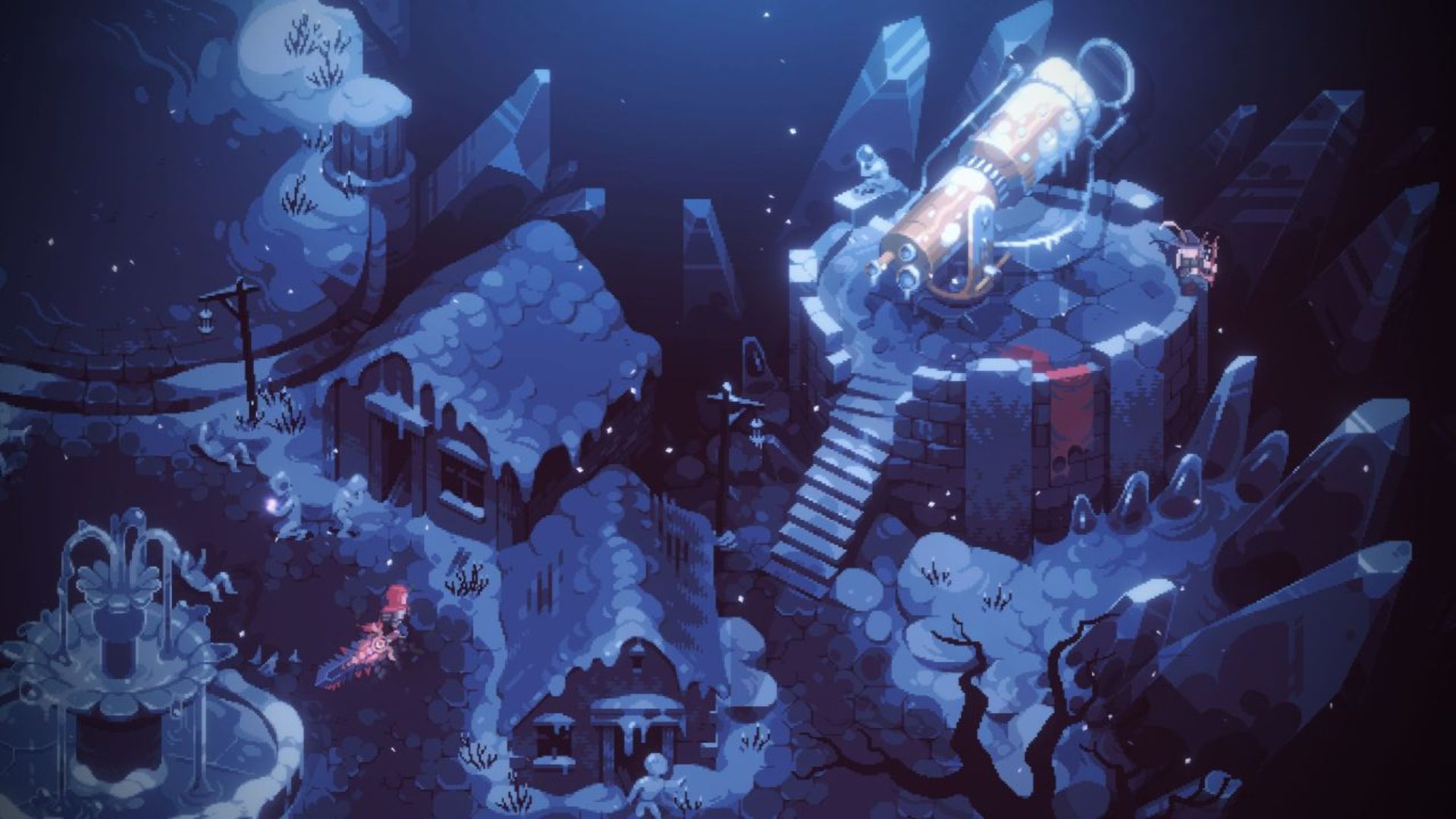 Uma aldeia de neve com um cavaleiro segurando uma espada