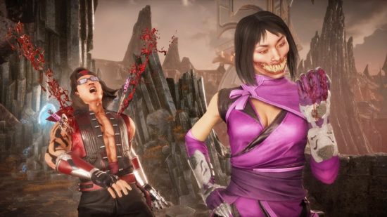 Mileena de Mortal Kombat realizando uma fatalidade enquanto olha para as unhas