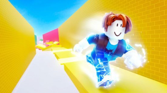 roblox-parkour-parkour-run Arte principal para Parkour Run com um personagem Roblox arrojado para a lista de jogos de parkour Roblox