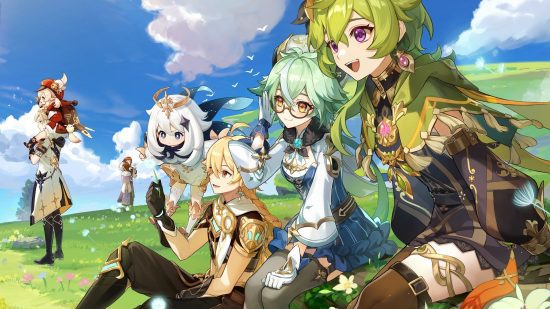 o que é Genshin Impact: personagens juntos em um campo
