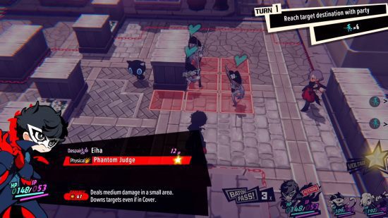 Persona games Persona 5 Tactica tela de batalha mostrando os movimentos de diferentes personagens