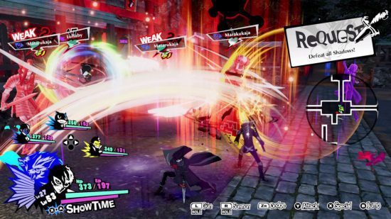 Uma cena de luta nos jogos Persona Persona 5 Strikers com Joker e Ryuji acertando monstros