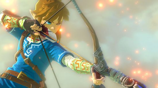 Personagens de Zelda - Link de Breath of the Wild atirando com arco e flecha