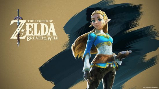 Personagens de Zelda - Zelda em pé contra um fundo azul e dourado ao lado do texto que diz 