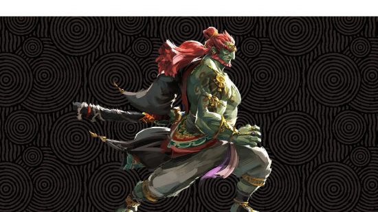 Personagens Zelda - Ganon de Tears of the Kingdom em uma pose de combate contra um fundo preto com redemoinhos cinza