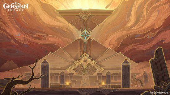 Genshin Impact papel de parede de uma pirâmide gigante no deserto