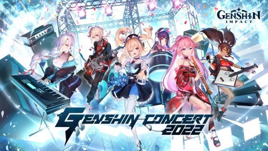 Genshin Impact wallpaper Genshin Concert 2022 mostrando um grupo de personagens se apresentando
