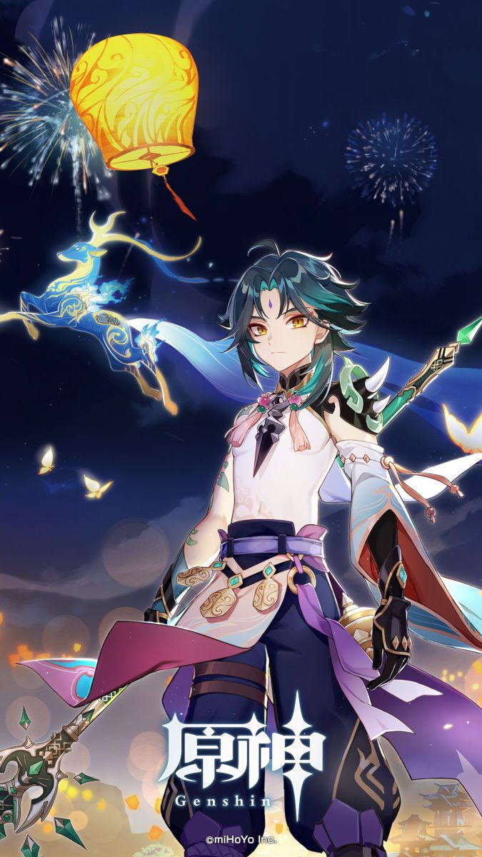 Papel de parede do Genshin Impact mostrando Xiao sob uma lanterna