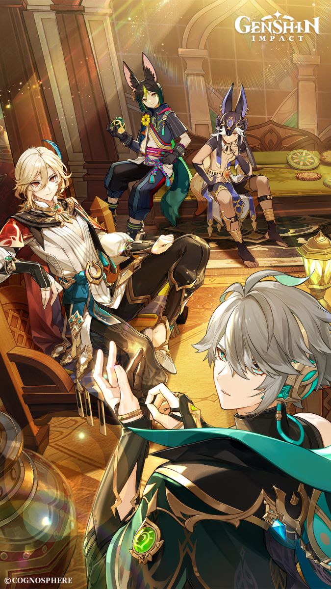 Genshin Impact papel de parede móvel com quatro personagens de Sumeru em um café
