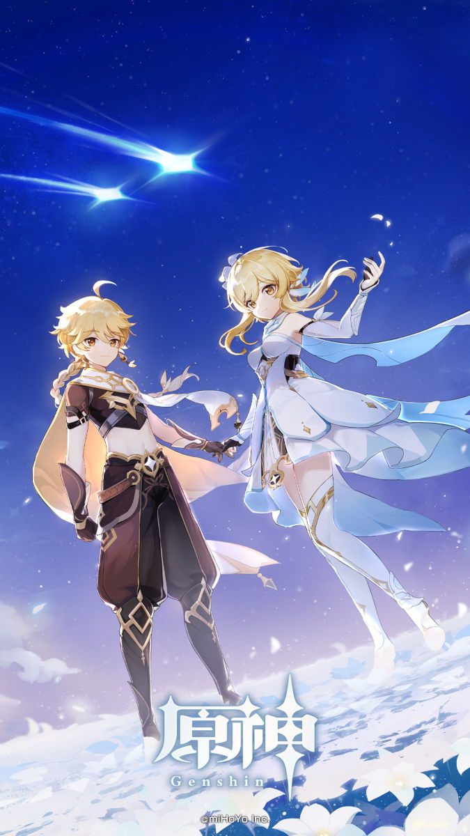 Papel de parede do Genshin Impact mostrando os dois Viajantes de mãos dadas em uma paisagem estrelada