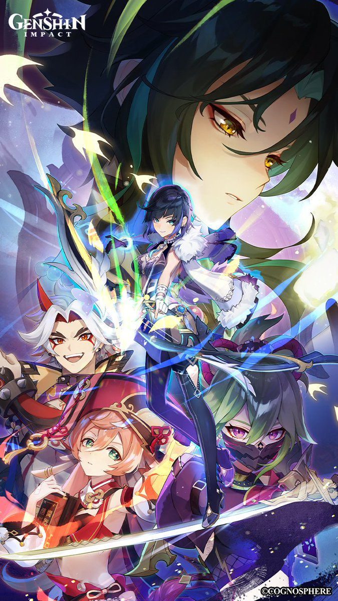 Papel de parede do Genshin Impact mostrando Xiao, Itto, Yanfei, Kuki e Yelan