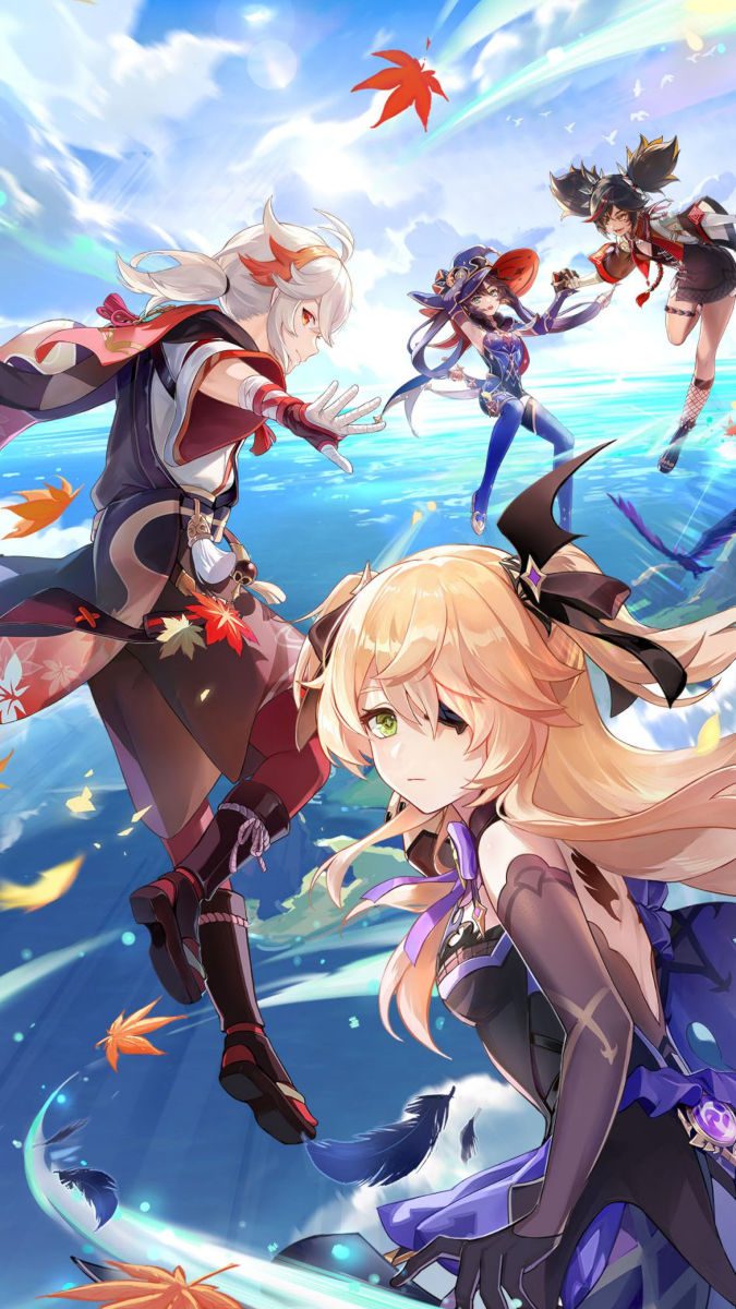 Papel de parede do Genshin Impact mostrando Fisxhl, Kazuha, Mona e Xinyan