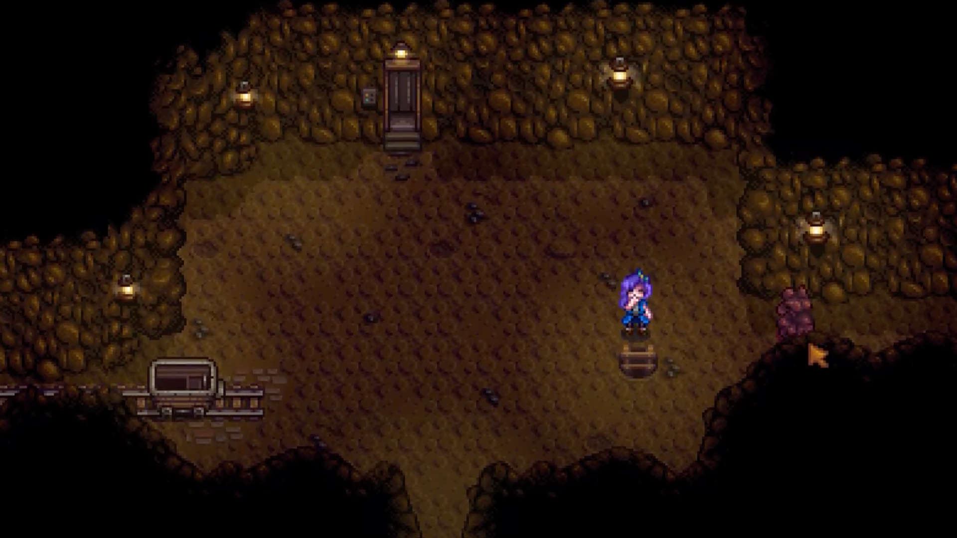 Abigail de Stardew Valley em pé nas minas