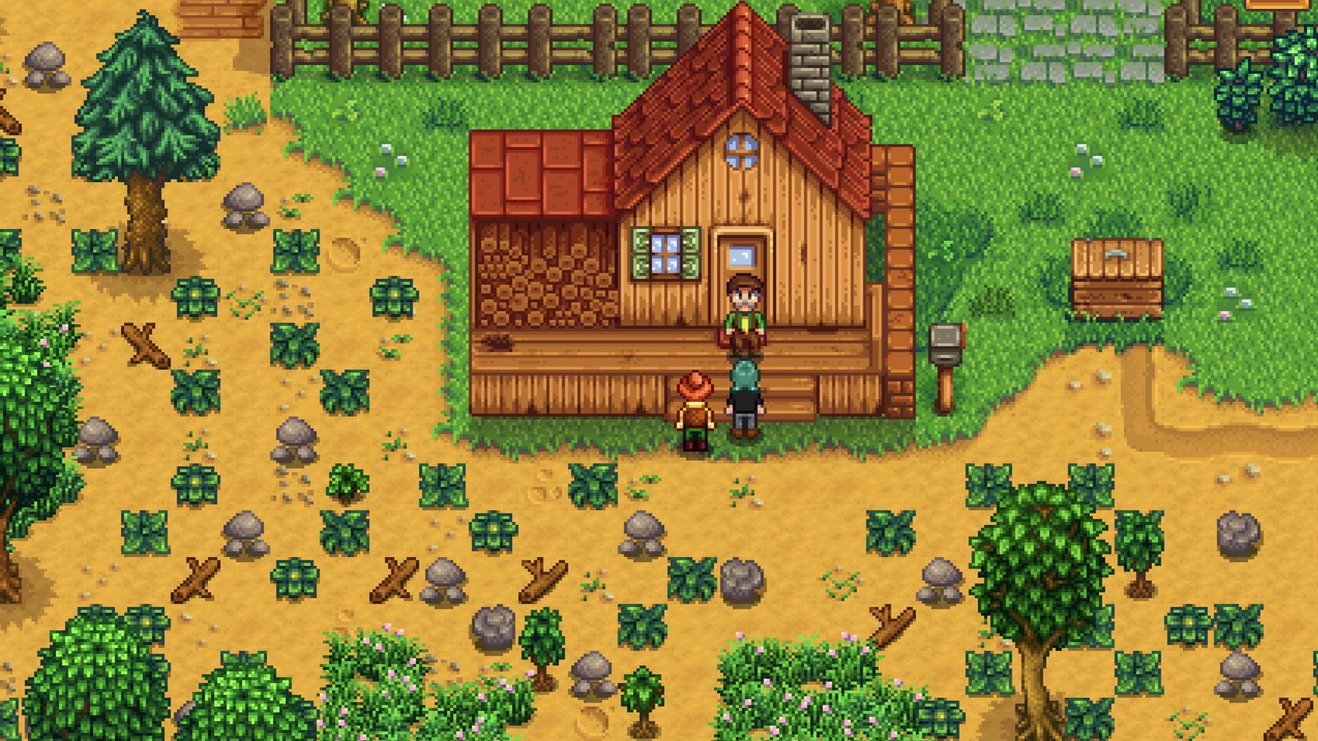 Lewis do lado de fora de sua casa em Stardew Valley