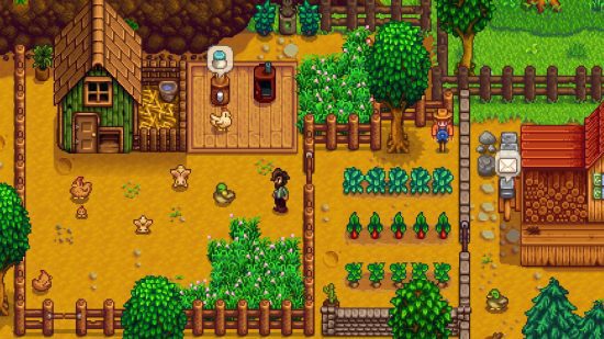offline-jogos-7 Captura de tela do jogo offline Stardew Valley mostrando uma fazenda de pixel art com cercas de árvores, galinhas e todos os outros gubbins da fazenda em torno de uma pequena casa de madeira.